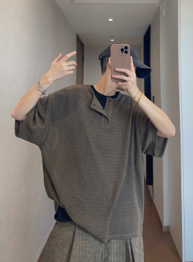 dannyandzee夏季宽松复古暗军绿色镂空提花亨利领短袖T恤男半袖T