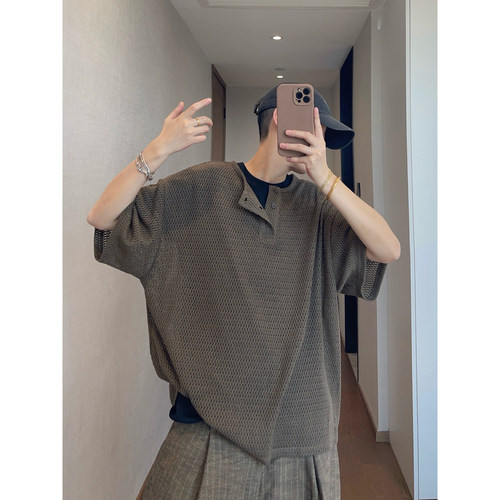 dannyandzee夏季宽松复古暗军绿色镂空提花亨利领短袖T恤男半袖T