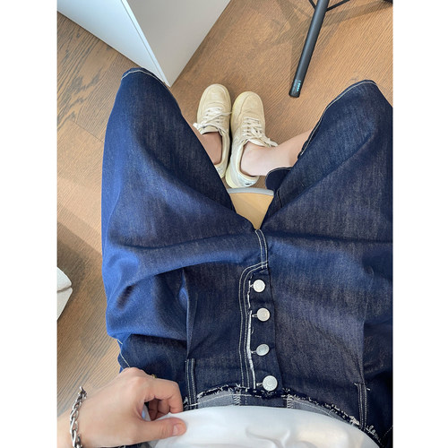 dannyandzee夏季藏青色莱赛尔混纺毛边纽扣宽松牛仔短裤男五分裤