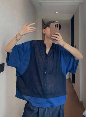 dannyandzee夏季复古百搭藏青色拼接假两件纽扣开衫毛边短袖T恤男