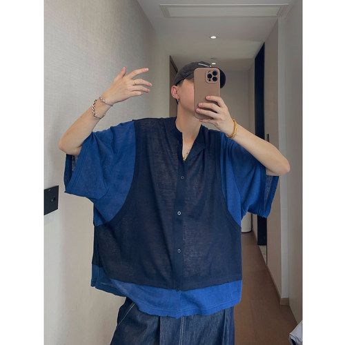 dannyandzee夏季复古百搭藏青色拼接假两件纽扣开衫毛边短袖T恤男