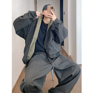 dannyandzee春季复古宽松百搭黑绿色细格子两面穿拉链夹克外套男