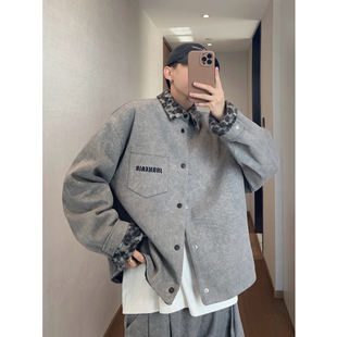 dannyandzee春季复古水泥灰色豹纹呢料拼接两面穿保暖夹克外套男