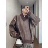 dannyandzee秋冬复古大V领高克重保暖加厚粗条纹撞色针织毛衣男