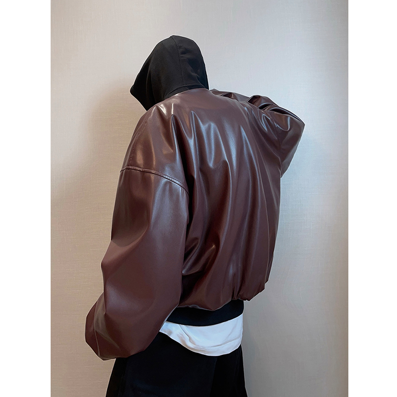 暗酒红色无领PU皮夹克外套