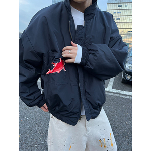 dannyandzee冬季复古宽松藏青色锦鲤廓形落肩派克服棉衣厚外套男