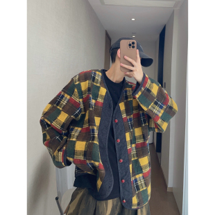 dannyandzee春季 复古百搭宽松补丁撞色提花呢料无领夹克外套男INS