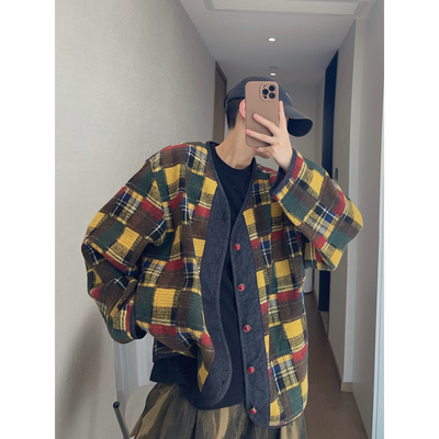 dannyandzee春季复古百搭宽松补丁撞色提花呢料无领夹克外套男INS