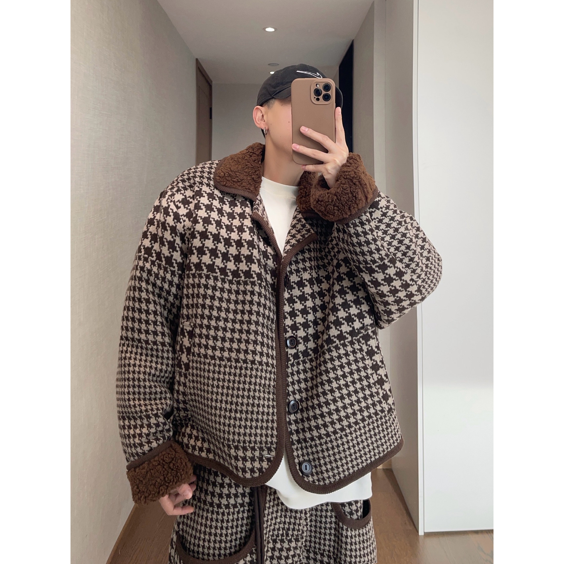 dannyandzee冬季复古咖色千鸟格呢料云朵绒保暖加厚翻领外套男INS