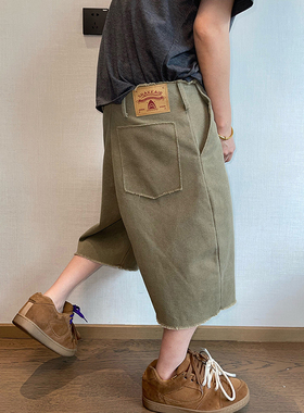 dannyandzee夏季复古百搭做旧重水洗毛边珠帆工装短裤五分裤男INS