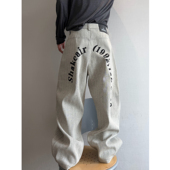 dannyandzee春季 复古百搭白色竖条纹字母印花宽松直筒牛仔裤 男INS