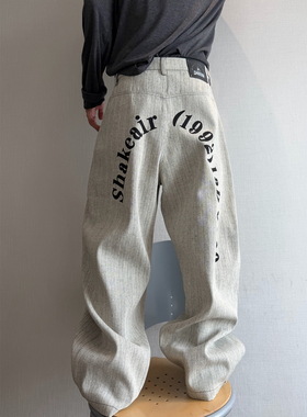 dannyandzee秋冬复古百搭白色竖条纹字母印花宽松直筒牛仔裤男INS