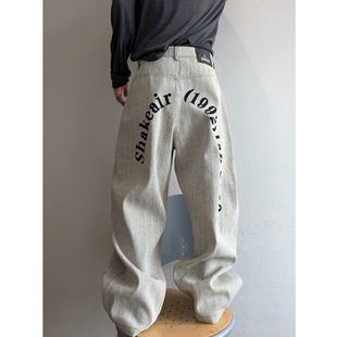 dannyandzee秋冬复古百搭白色竖条纹字母印花宽松直筒牛仔裤 男INS