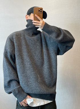 dannyandzee秋冬复古百搭加绒加厚叠穿保暖合身款纯色高领毛衣男