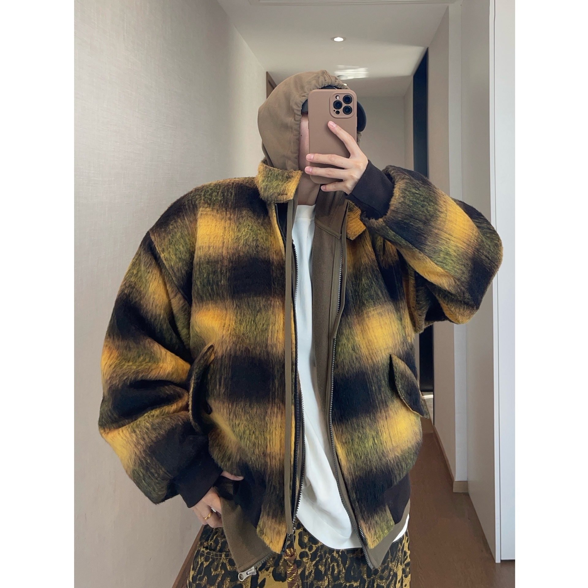 dannyandzee秋冬复古撞色格子呢料立领哈灵顿保暖防风棉衣外套男