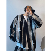 dannyandzee春季 复古高街叠穿宽松五角星条纹呢料V领夹克外套男