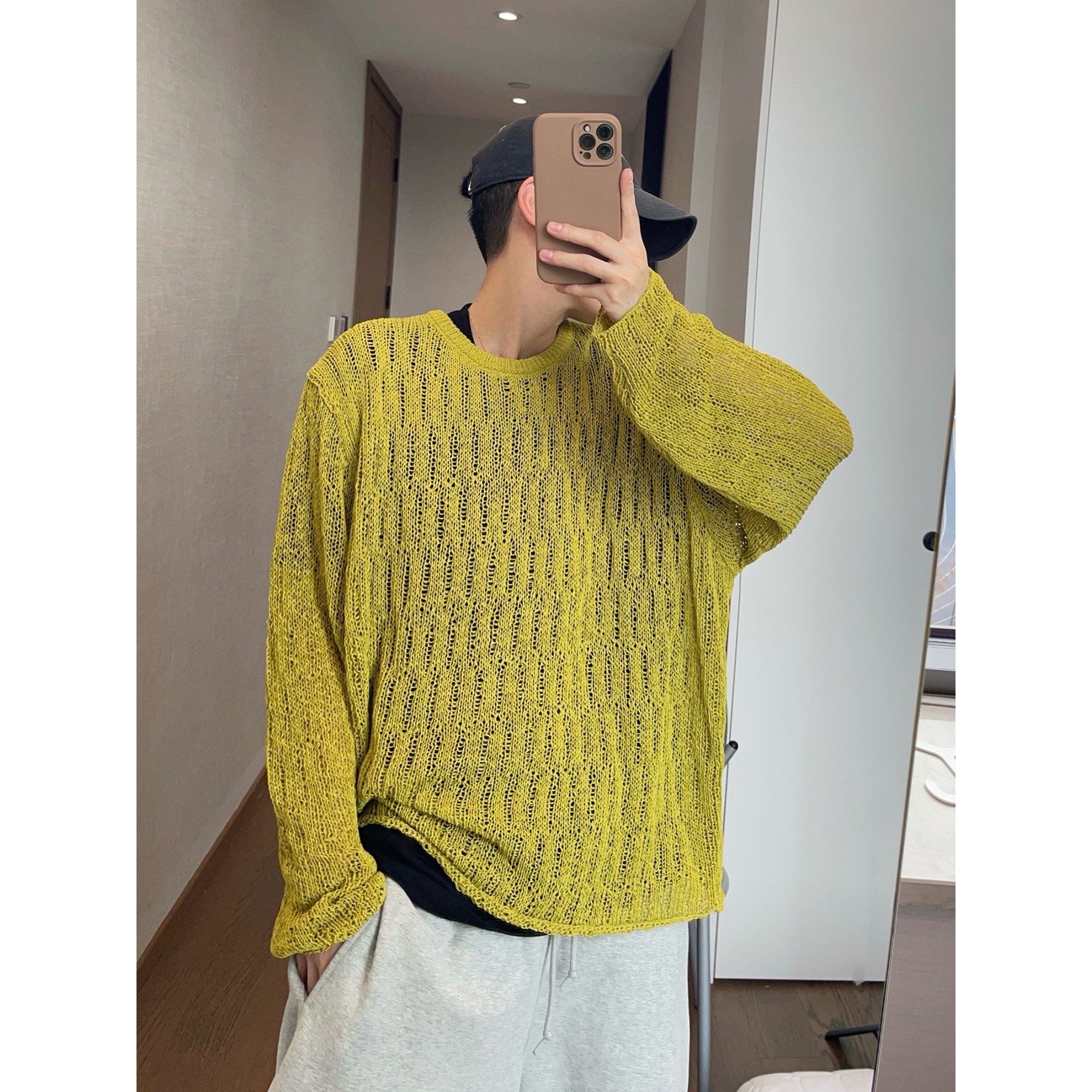 dannyandzee春夏复古松弛感姜黄色卷边镂空薄款针织衫薄毛衣男INS