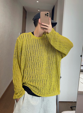 dannyandzee春夏复古松弛感姜黄色卷边镂空薄款针织衫薄毛衣男INS