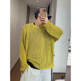 dannyandzee春夏复古松弛感姜黄色卷边镂空薄款针织衫薄毛衣男INS
