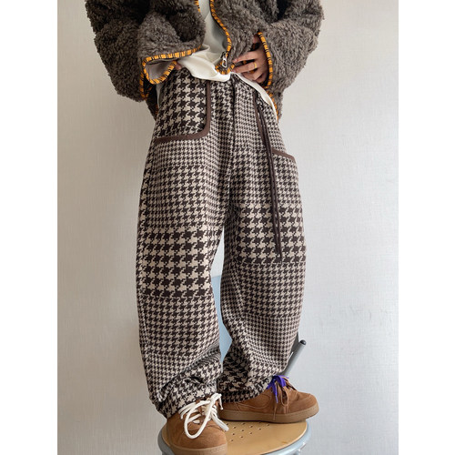 dannyandzee秋冬不规则棕色千鸟格复古重磅保暖呢料休闲裤男长裤