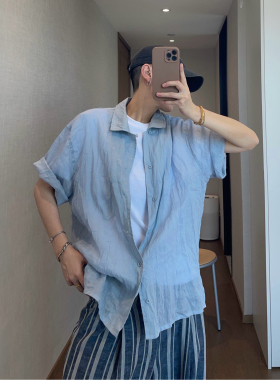 dannyandzee夏季宽松复古显白冰蓝色薄款苎麻短袖衬衫男半袖衬衣