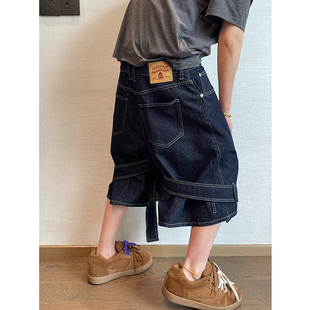 dannyandzee夏季复古百搭宽松廓形丹宁色双飘带牛仔短裤五分裤男