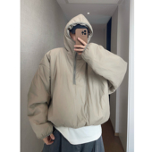 dannyandzee冬季 复古保暖半拉链宽松短款 连帽面包棉服厚外套男INS