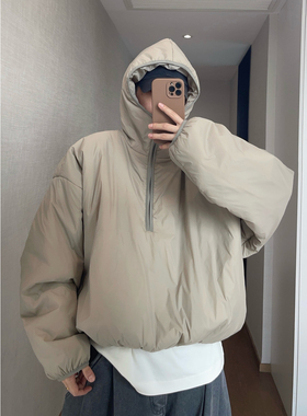 dannyandzee冬季复古保暖半拉链宽松短款连帽面包棉服厚外套男INS