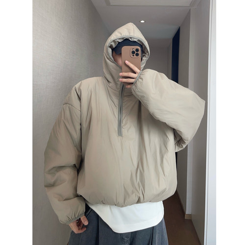 dannyandzee冬季复古保暖半拉链宽松短款连帽面包棉服厚外套男INS