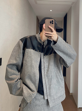 dannyandzee春季复古水泥灰色拼接PU皮铆钉立领水洗夹克外套男INS