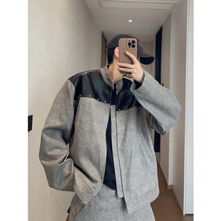 dannyandzee春季 复古水泥灰色拼接PU皮铆钉立领水洗夹克外套男INS