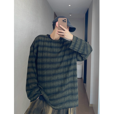 dannyandzee秋季渐变竖条纹宽松破洞半透薄款长袖T恤毛边款罩衫男