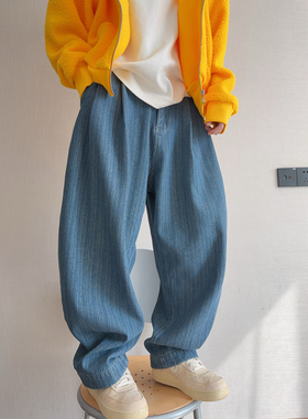 dannyandzee秋冬复古重水洗加绒加厚保暖竖条纹牛仔裤锥形裤男INS