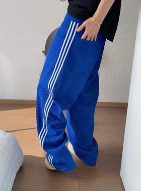 dannyandzee春季复古宝蓝色条纹织带灯芯绒宽松直筒休闲裤男长裤