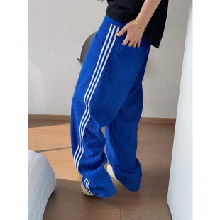 男长裤 dannyandzee春季 复古宝蓝色条纹织带灯芯绒宽松直筒休闲裤