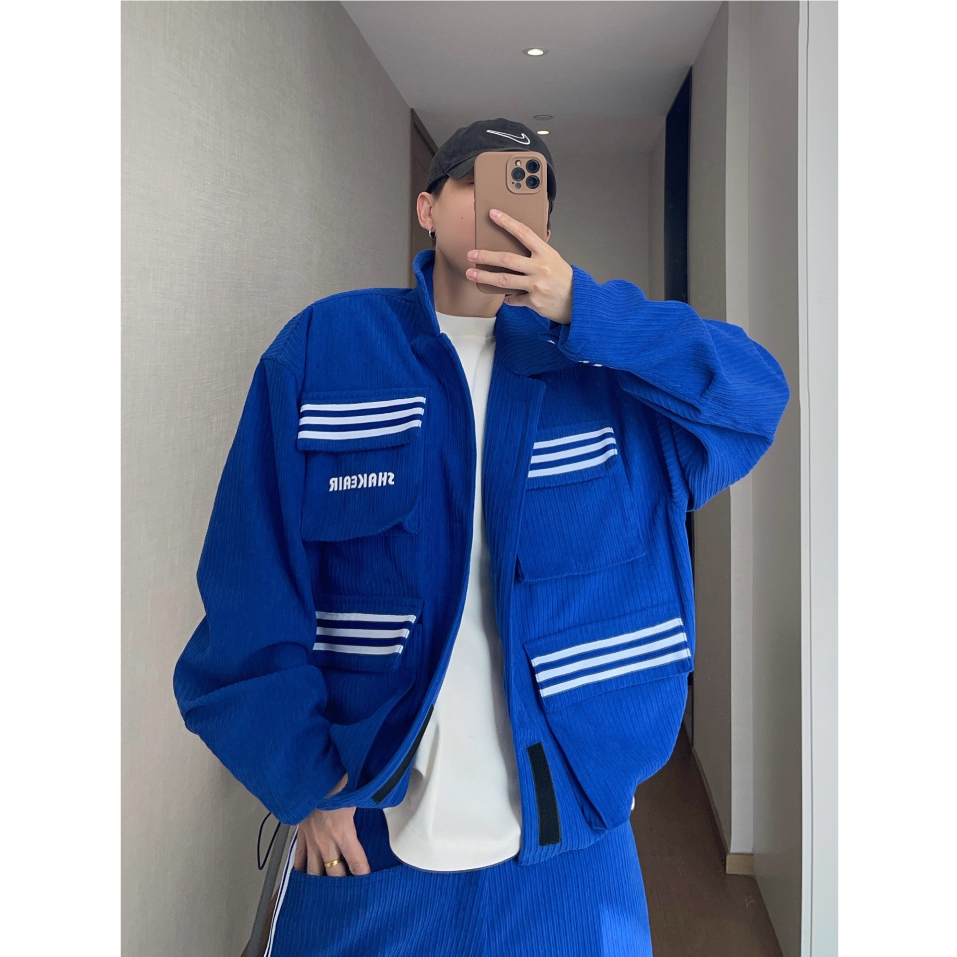 dannyandzee春季复古宝蓝色粗条灯芯绒宽松立体口袋夹克外套男INS