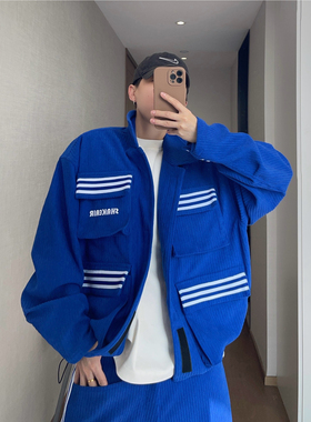 dannyandzee春季复古宝蓝色粗条灯芯绒宽松立体口袋夹克外套男INS