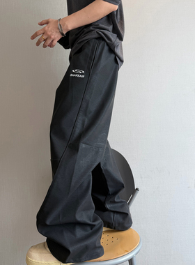 dannyandzee秋冬复古哑光黑色防风保暖拼接PU皮裤直筒裤可束脚男