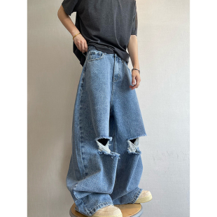 dannyandzee春季 男INS 复古重水洗做旧宽松廓形大破洞浅蓝色牛仔裤