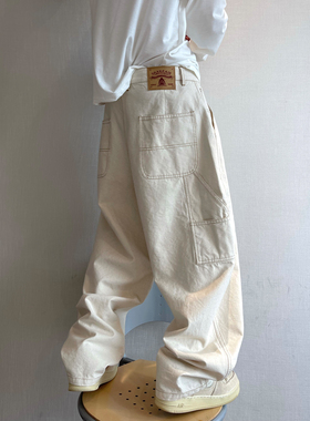 dannyandzee秋季复古百搭胚布色米白色做旧水洗弯刀工装裤男长裤