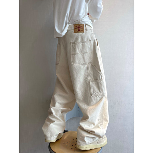 dannyandzee秋季复古百搭胚布色米白色做旧水洗弯刀工装裤男长裤