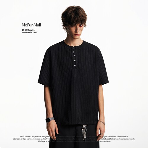 NOFUNNULL老钱风亨利领短袖T恤潮