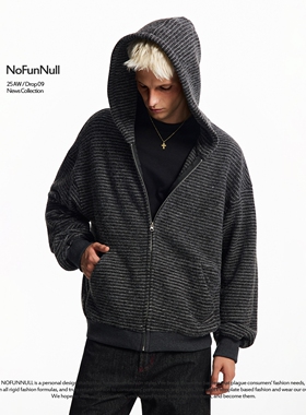 NOFUNNULL 美式条纹开衫连帽卫衣男女秋cleanfit宽松小众百搭外套