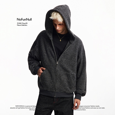 NOFUNNULL美式条纹开衫连帽卫衣