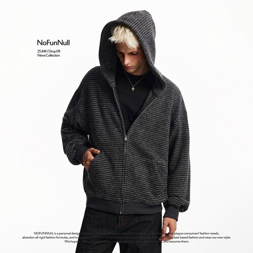 NOFUNNULL美式条纹开衫连帽卫衣