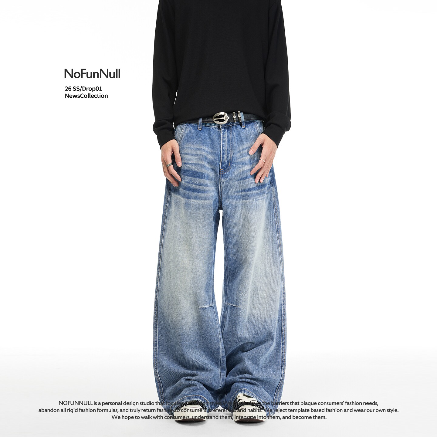 NOFUNNULL 美式复古蓝水洗猫须牛仔裤男女垂坠感拖地阔腿直筒长裤