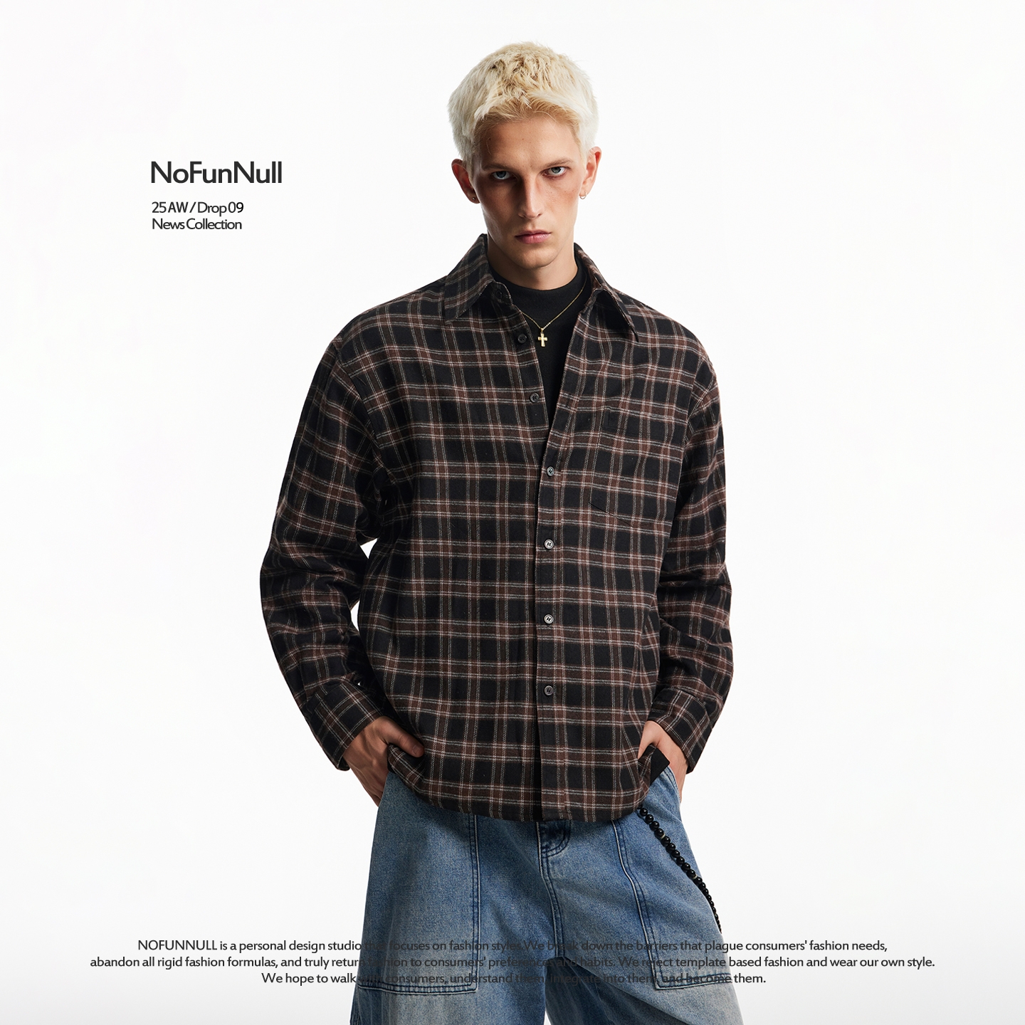 NOFUNNULL美式vintage撞色格纹衬衫男秋复古慵懒风百搭长袖衬衣潮