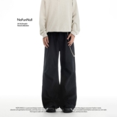 宽松阔腿A字直筒长裤 男女春季 潮 cleanfit褶皱牛仔裤 NOFUNNULL美式