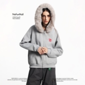 NOFUNNULL 情侣外套 卫衣女400g重磅保暖短款 美式 刺绣毛领连帽开衫