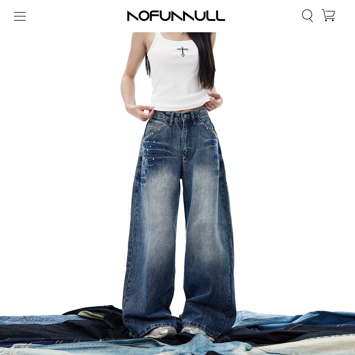 NOFUNNULL美式铆钉设计感牛仔裤